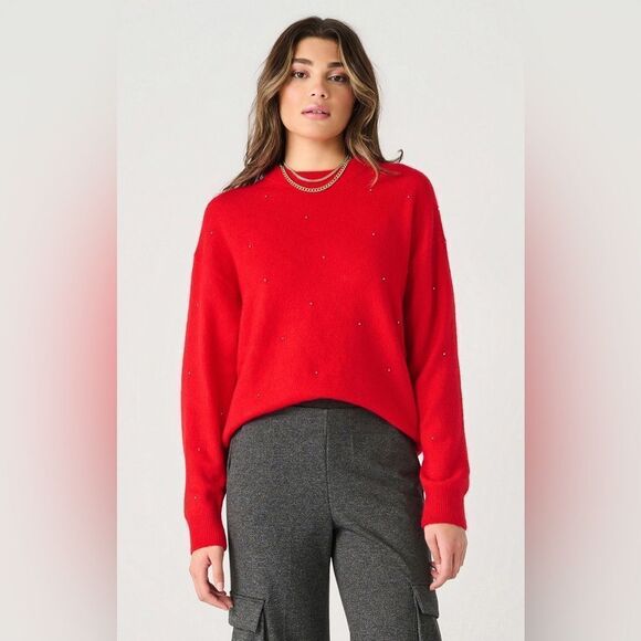 NWOT Women’s Round Neck Cherry Red Beaded Embellished Sweater Size Small - Picture 1 of 4